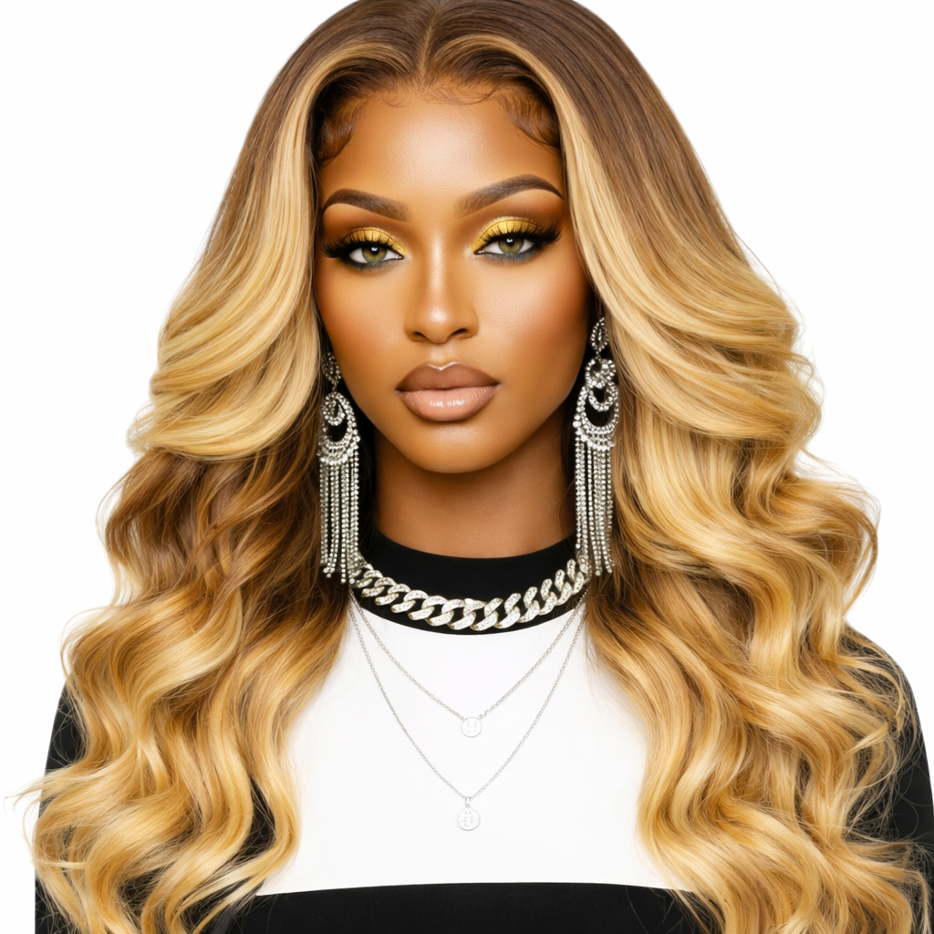 Woman with long, wavy, ombre blonde brown hair wearing a black and white outfit with jewelry.