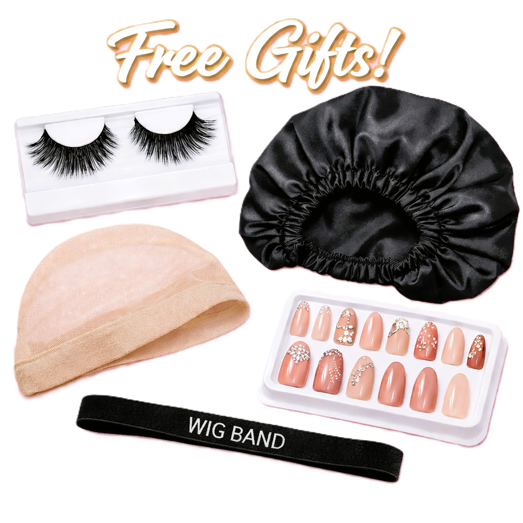 Set of false eyelashes, satin bonnet, wooden headband, and nail art set with 'Free Gifts!' text on a white background.