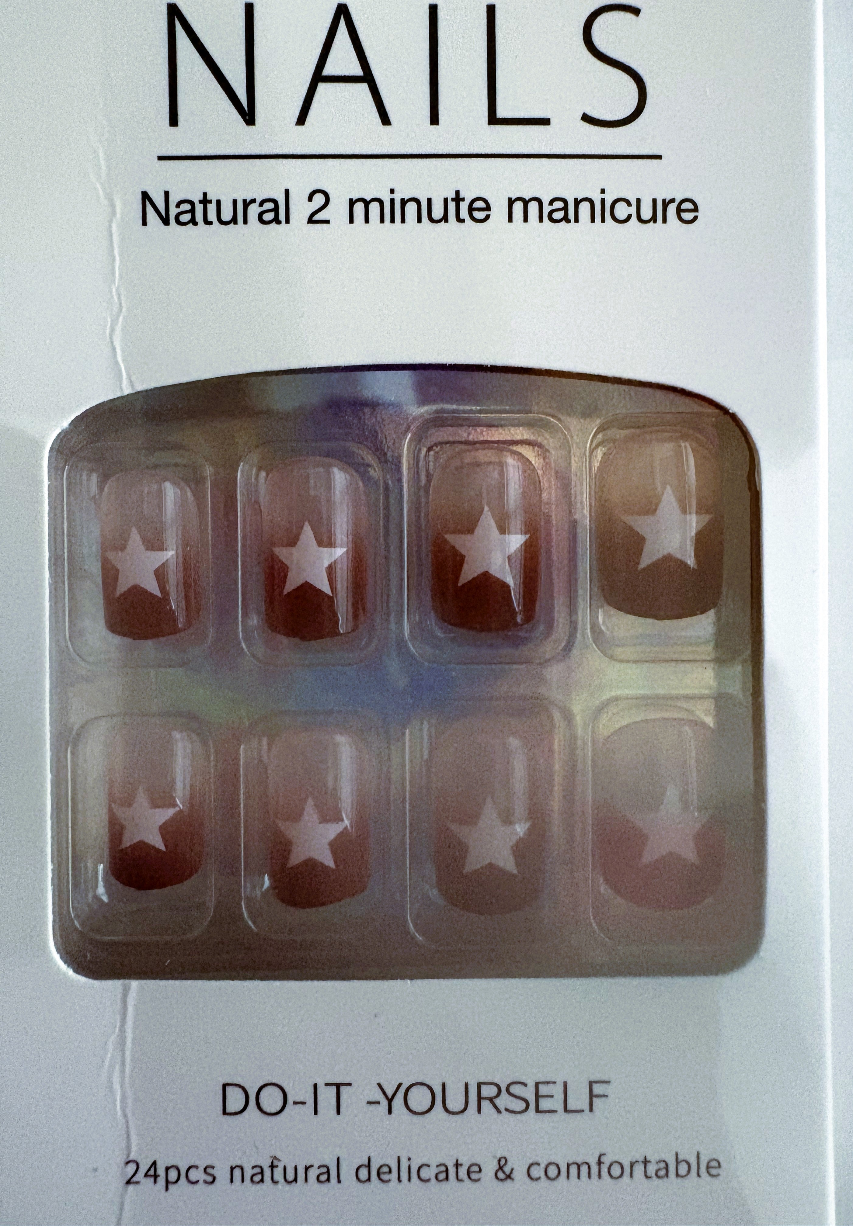 Press On Natural Brown Stars Short French Nails and Eyelashes Set