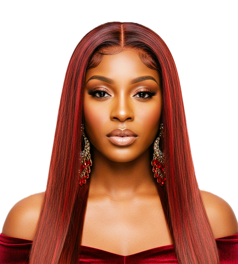 Woman with long auburn lace front hair wearing a red off-shoulder top on a white background