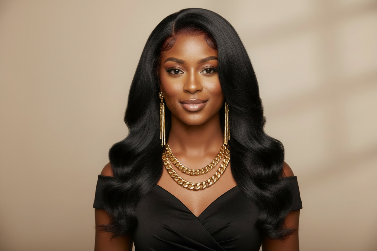 Black wig with off-shoulder outfit