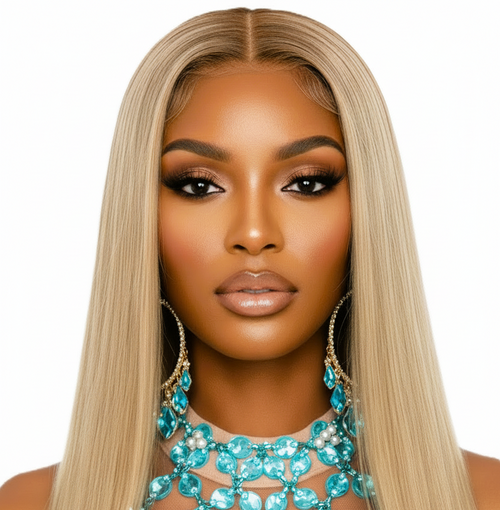 Woman with long blonde lace front wig 24 inches and turquoise jewelry on a white background