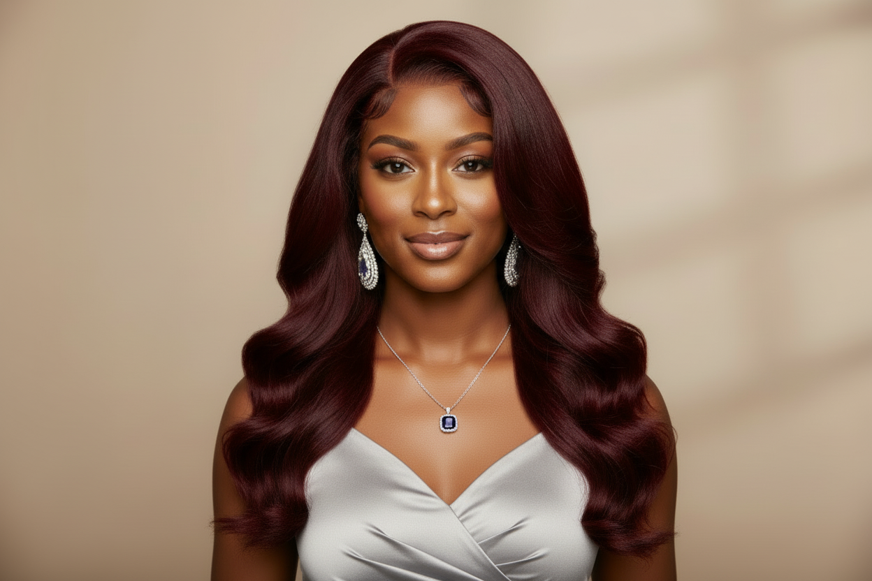 Burgundy wig facing forward