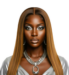 Woman with long straight lace front hair wearing a silver necklace on a white background