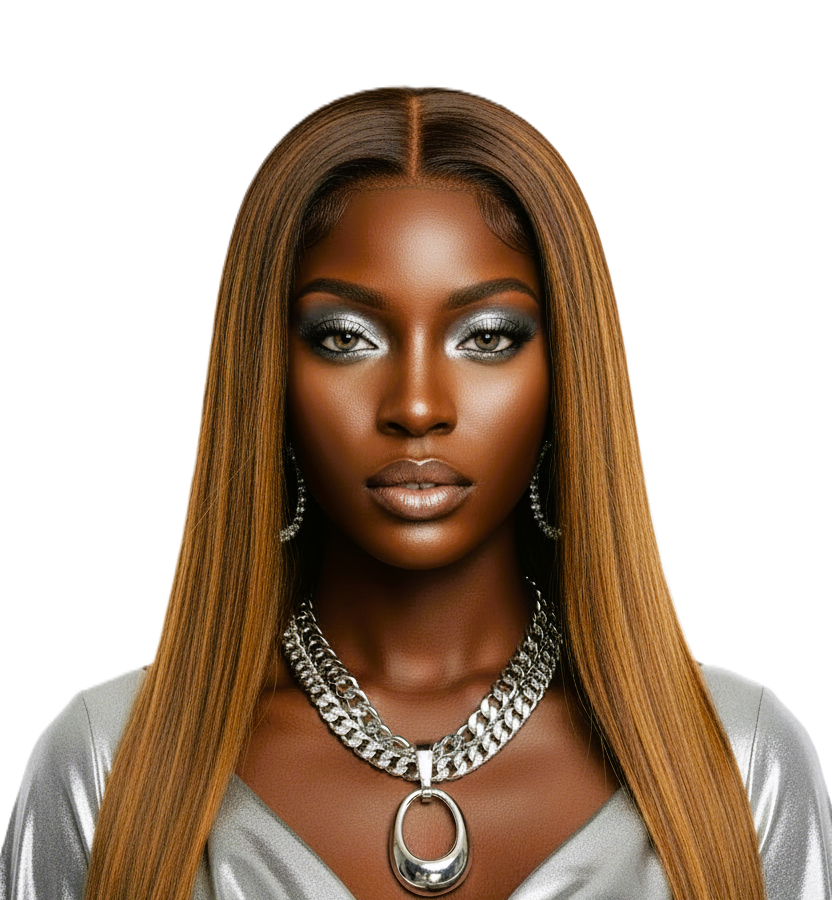 Woman with long straight lace front hair wearing a silver necklace on a white background