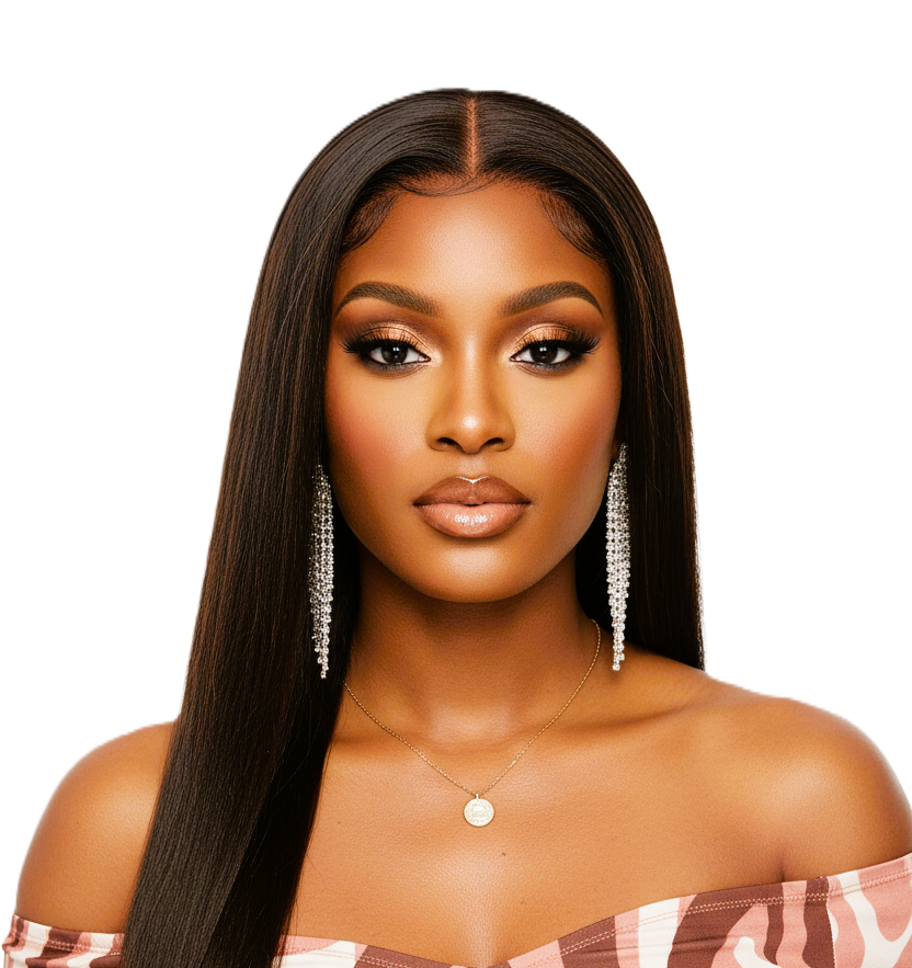 Woman with long straight brown hair wig wearing earrings and a necklace on a white background