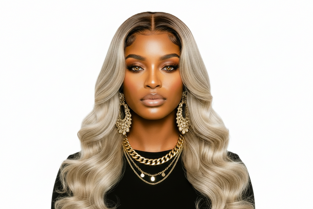 Woman with long, wavy, ash blonde hair wearing gold jewelry on a white background