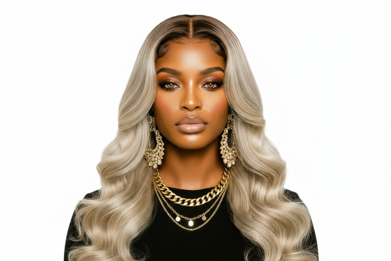 Woman with long, wavy, ash blonde hair wearing gold jewelry on a white background