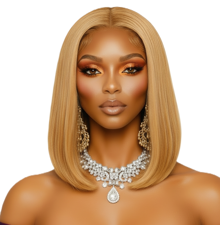 Woman with styled honey blonde hair and jewelry on a white background