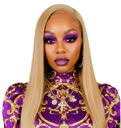 Person with long blonde lace front wig and purple makeup wearing a purple and gold patterned outfit.