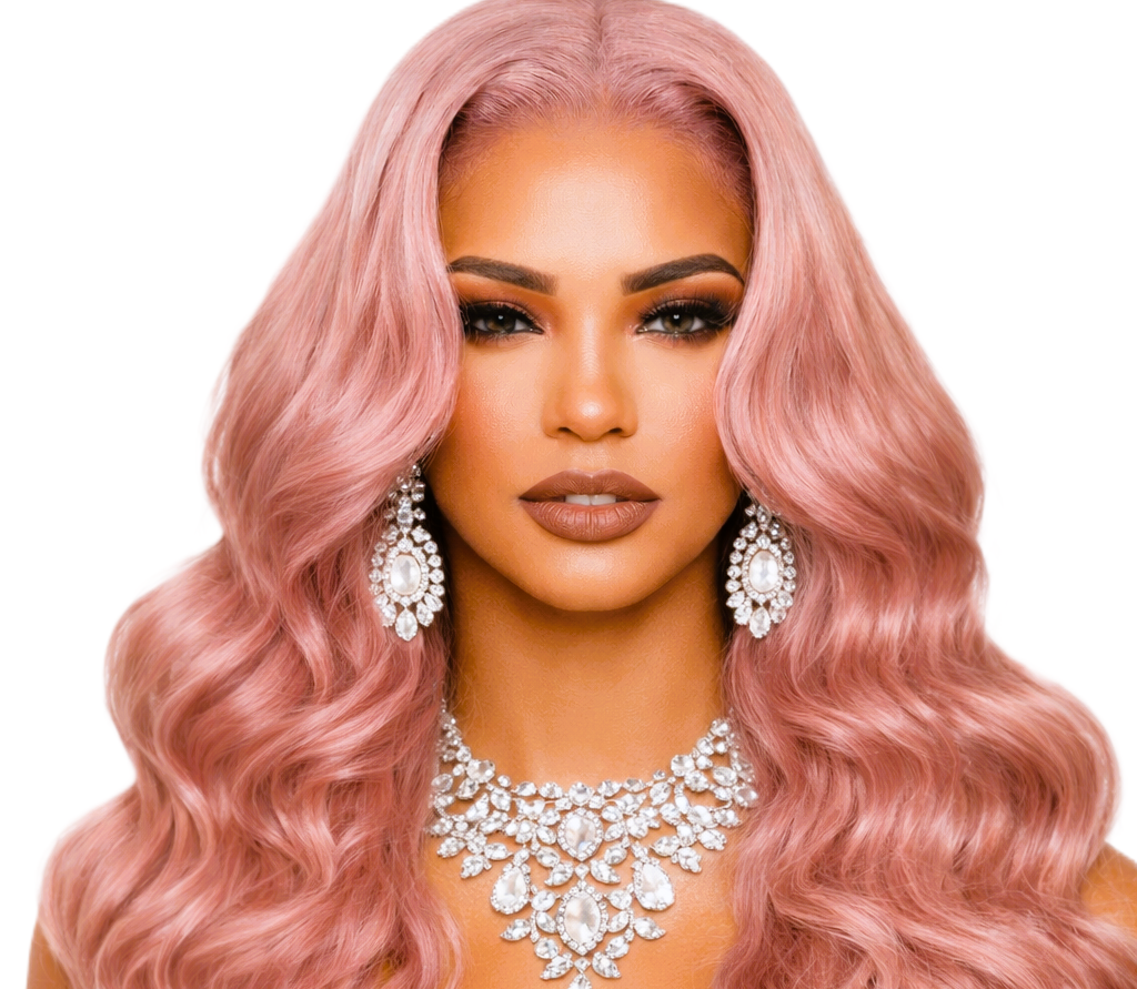 Woman with long pink wavy hair and jewelry on a white background