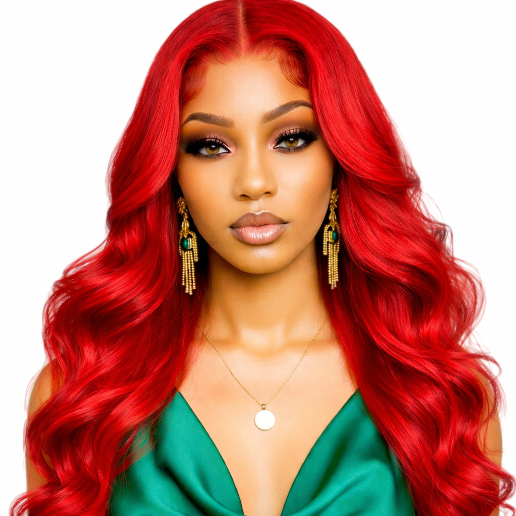 Woman with vibrant red hair wig 24 inches wearing a green top on a white background