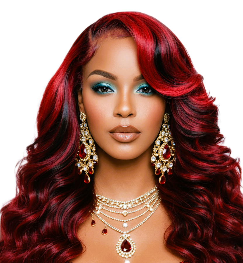 Woman with vibrant ombre red black hair 24 inches  and jewelry on a white background