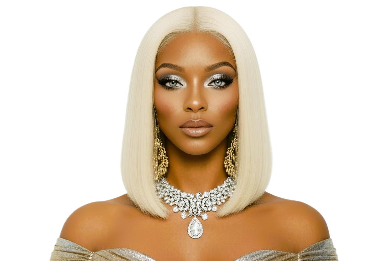 Woman with platinum blonde wig and jewelry on a white background