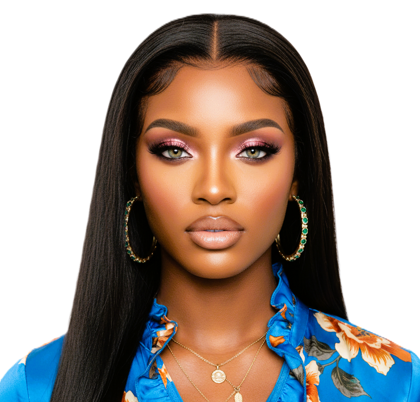 Woman with long straight black hair wig wearing a blue floral top on a white background