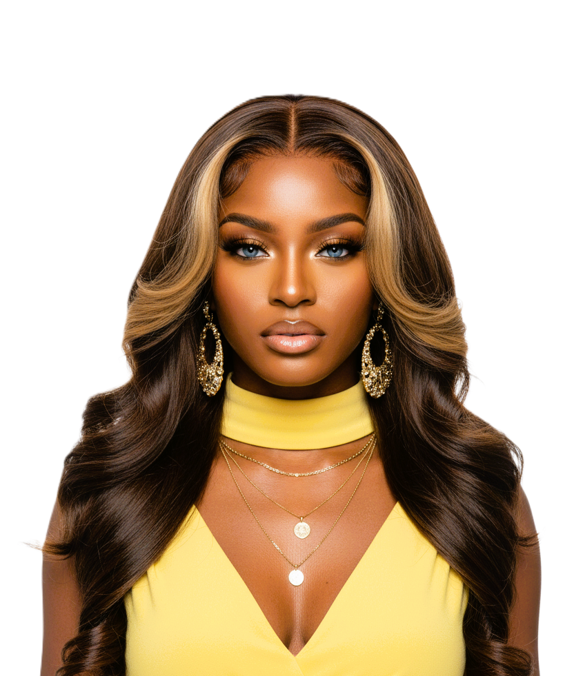 Woman with long, wavy hair styled in a lace front wig 24 inches, wearing a yellow top and gold jewelry.