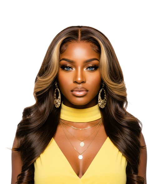 Woman with long, wavy hair styled in a lace front wig 24 inches, wearing a yellow top and gold jewelry.
