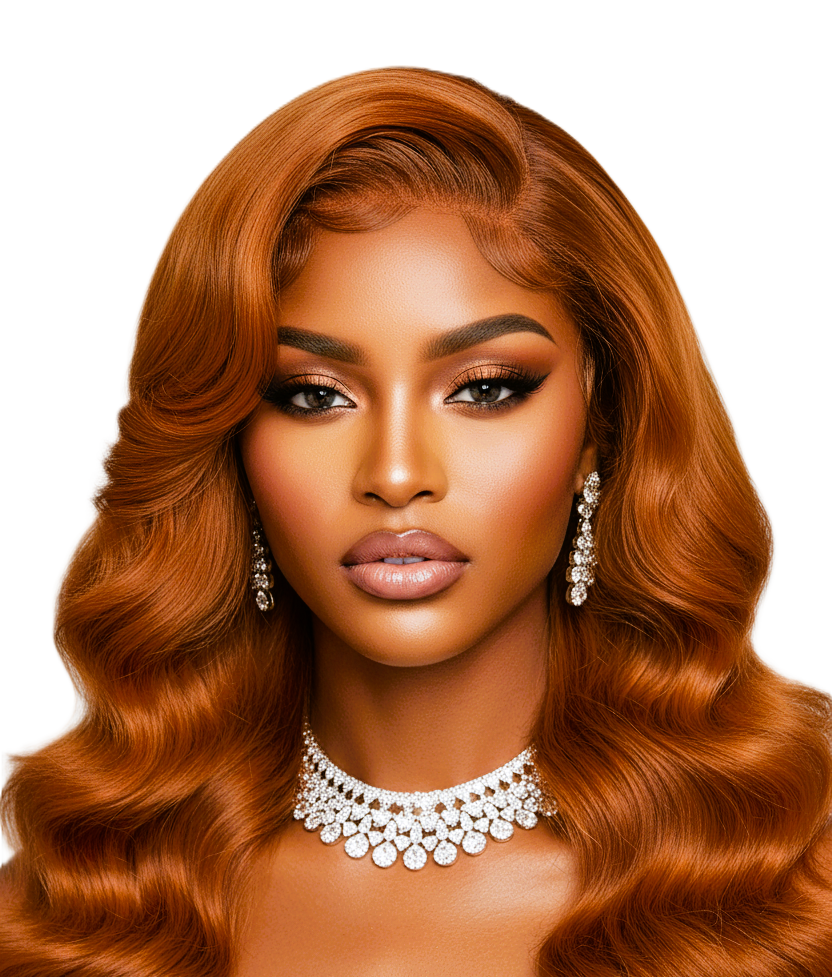 Woman with styled copper ginger wavy hair 24 inches and jewelry on a white background
